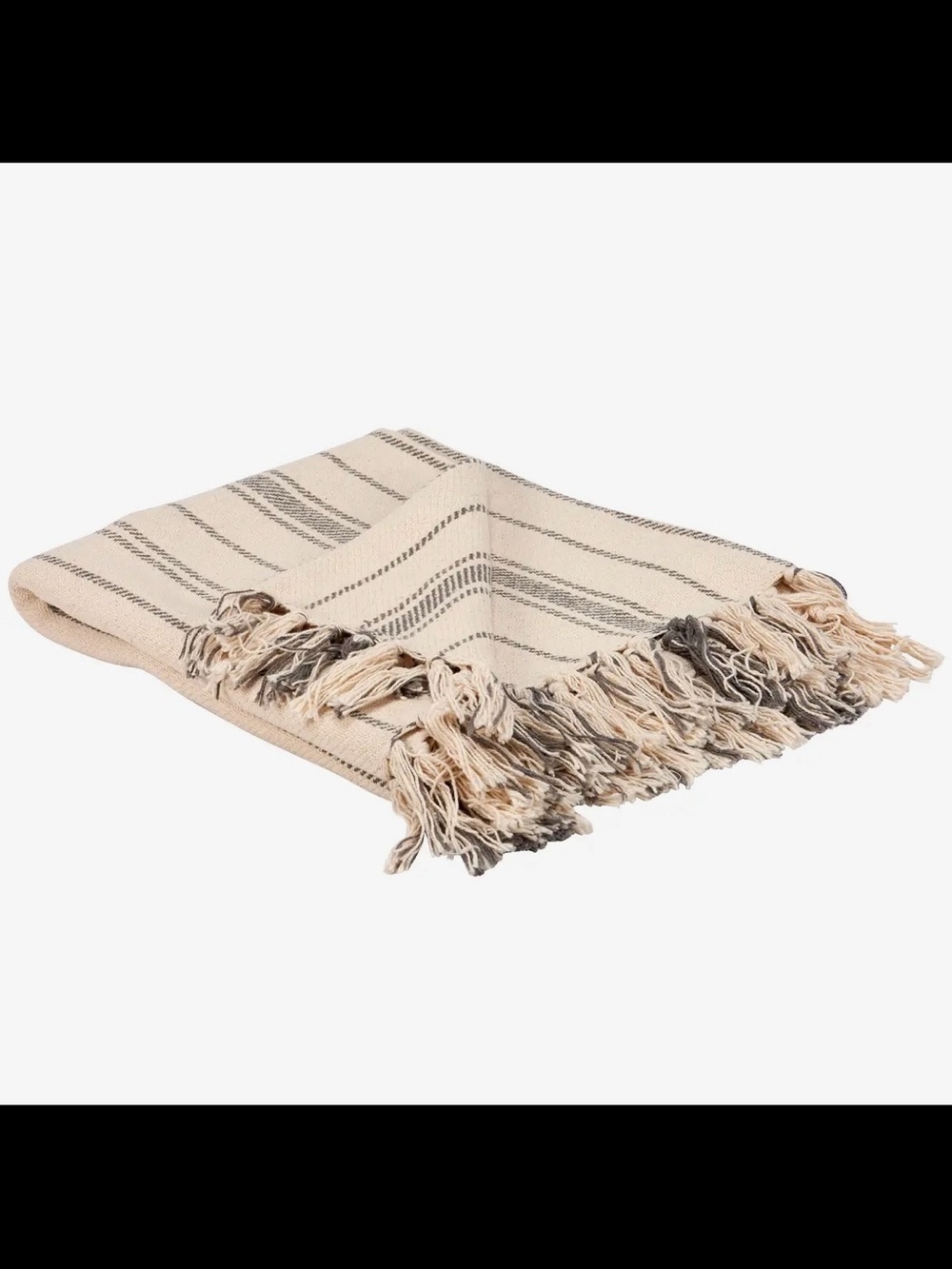 Source Unknown Cream and Gray Striped Fringe Cotton Throw